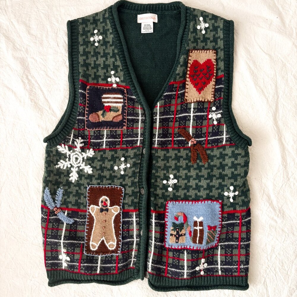 DRISCOLL Vintage 90s Christmas Sweater Vest Green Holiday Knit Size M Festive